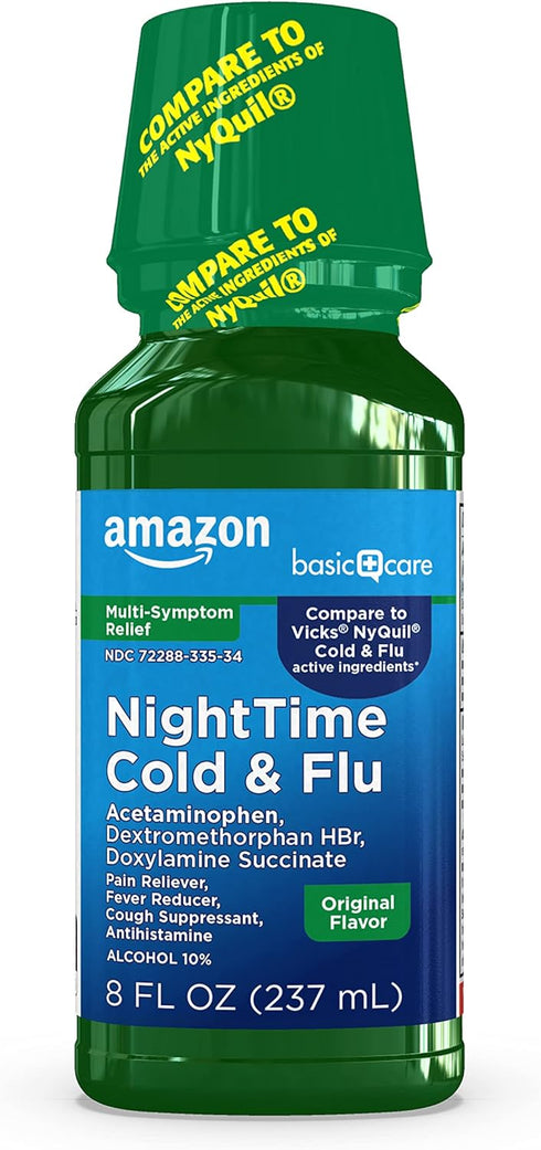 Amazon Basic Care Nighttime Cold & Flu Relief - Pain Reliever, Cough Suppressant, Antihistamine Liquid, 8 fl oz