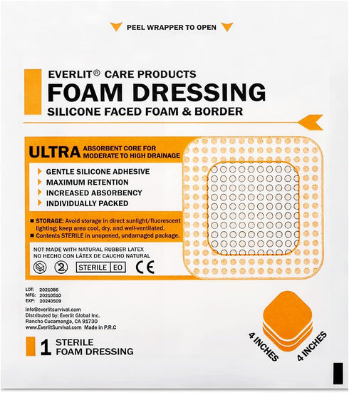 EVERLIT Care Silicone Foam Dressing with Adhesive Border, Highly Absorbent Hypoallergenic Bandages for Chronic Wounds,