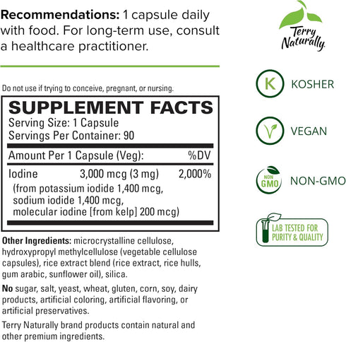 Terry Naturally Tri-Iodine 3 mg - 90 Capsules - Supports Strong Cellular Defense & Hormone Balance - Non-GMO, Vegan, Kosher, Gluten Free - 90 Servings