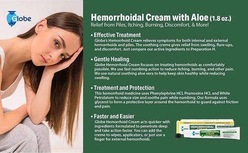Globe Hemorrhoidal Cream, Phenylephrine HCl, Pramoxine with Aloe, Relief from Burning, Itching, Discomfort, 1.8 Ounces