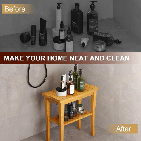 Bamboo Shower Bench Stool with Storage Shelf, Waterproof Shower Chair for Indoor or Outdoor Use, Bathroom Bench Seat