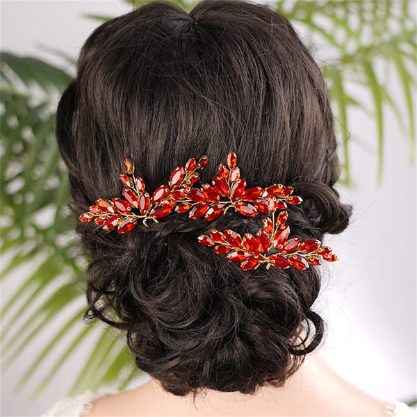 Kercisbeauty 3pcs Red Crystal Hair Piece Set, Rhinestones Hair Pins for Wedding Brides, Special Occasion Jewelry