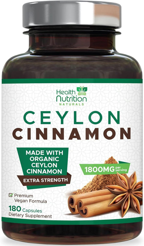 Pure Cinnamon Capsules 1800mg - Certified Organic Ceylon Cinnamon Powder, Non-GMO, Gluten Free, Vegan, 180 Count