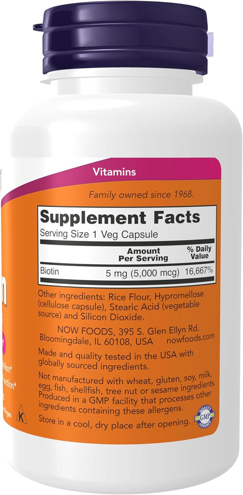NOW Foods Supplements, Biotin 5,000 mcg, 120 Veg Capsules for Amino Acid Metabolism and Energy Production