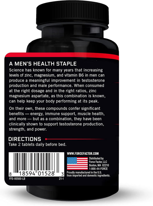 Force Factor Zinc Magnesium Aspartate, 60 Tablets for Testosterone, Performance, Sleep, Recovery Support