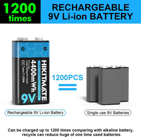 HIKITMATE 2-Pack 9V 4400mWh 9 6F22 9V 2H 10-Year Rechargeable Lithium Batteries USB C, Volt Li-ion Battery for Smoke