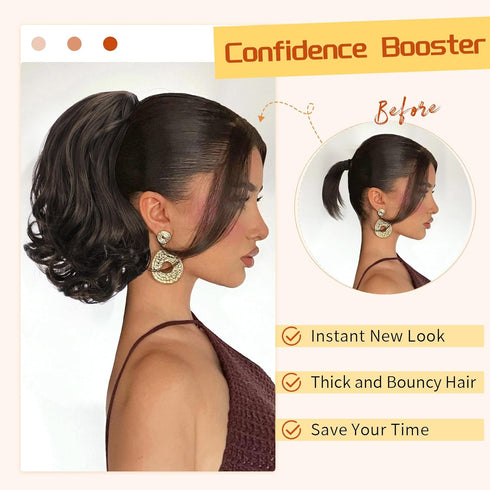 KooKaStyle Ponytail Extension, 10" Short Claw Clip in Curly Wavy Synthetic Ponytail Hair Pieces, Dark Brown