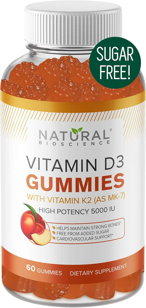 Sugar Free Vitamin D3 K2 Gummies - 5000 IU D3 + 80 mcg K2 MK7 - Natural Peach Flavor - Adults Supplement