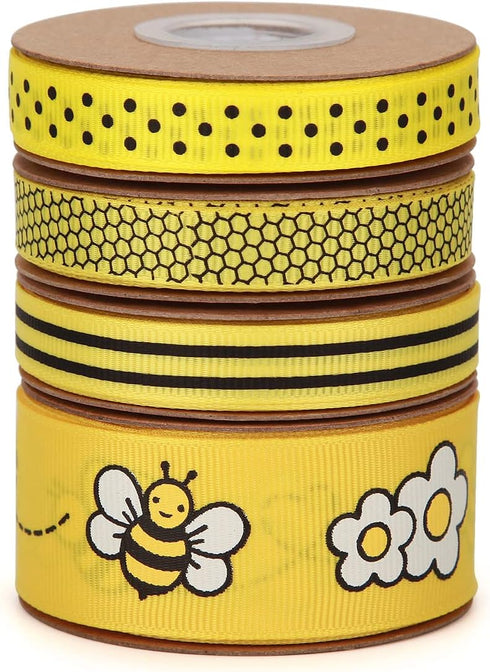 Bee & Flower Grosgrain Ribbon Yellow Black White for Gift Wrapping,Party Decoration,Hair Bows,All Crafting and Sewing (4 rolls bee set) by Meseey