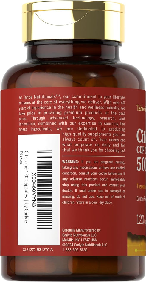 Citicoline 500mg, 120 Capsules - CDP Choline Supplements, Therapeutic Grade, Gluten Free & Non-GMO