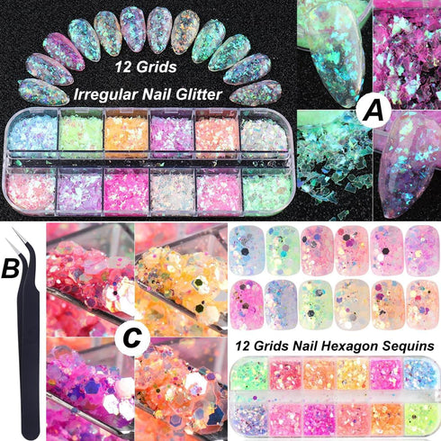 Holographic Nail Art Glitter, Iridescent Flakes and Mermaid Flake Sequins, 12 Grids for DIY Decoration