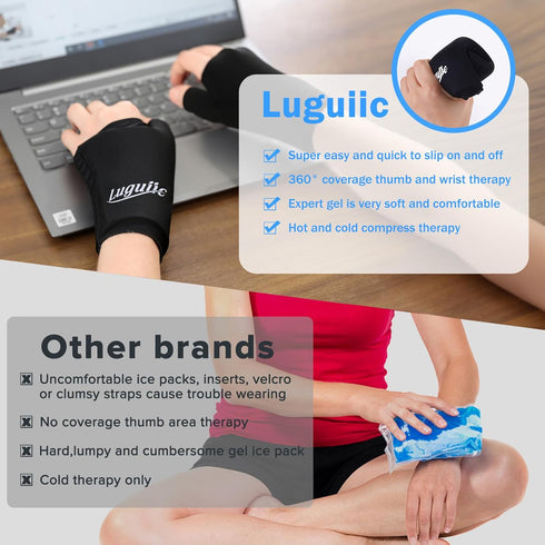 Wearable Thumb Wrist Ice Pack - Reusable Hot Cold Compress for Injuries, Carpal Tunnel, and Swelling, Black-S/M