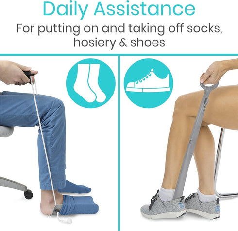 Sock Aid Device for Seniors with Shoe Horn Kit - Vive Adjustable Long Handle Sock Puller Aid
