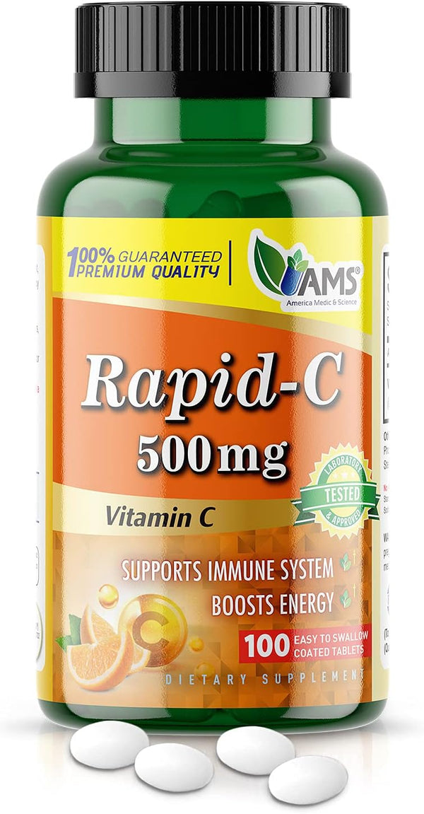 America Medic & Science Rapid-C 500mg Vitamin C Supplement - 100 Tablets for Daily Immune Support, Vegan & Non-GMO.