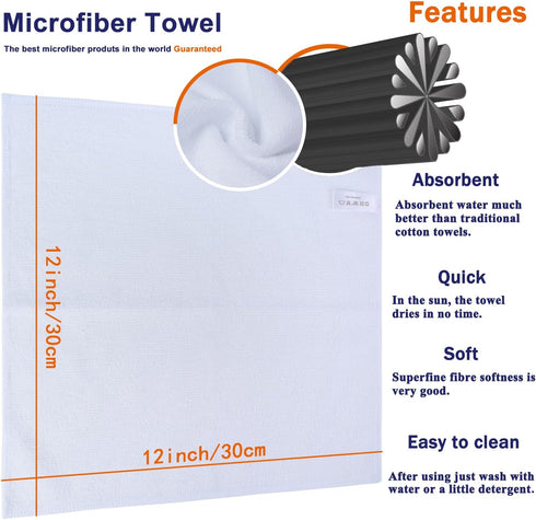 SINLAND 12 Pack Microfiber Cleaning Cloths, 12"x12", White, Absorbent Dish Rags, No Streak Lens Cloths