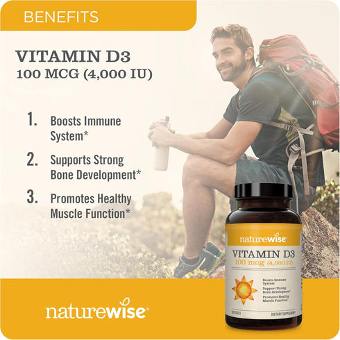 NatureWise Vitamin D3 4000iu (100 mcg) - 30 Mini Softgels for Healthy Muscle Function & Immune Support