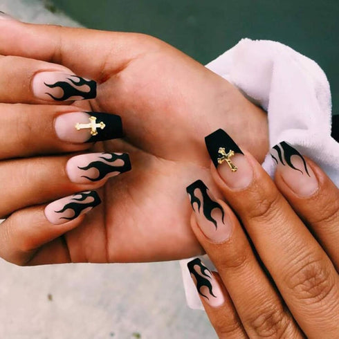 MISUD Medium Coffin Press on Nails, Goth Black Flame Fake Nails, Matte Glue on French Tip Acrylic Nails, 24 pcs