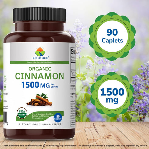 Brieofood Organic Cinnamon 1500mg, 90 Vegetarian Tablets, 45 Servings, Gluten Free, Vegetarian