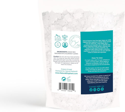 Natural Elephant Dead Sea Magnesium Bath Flakes 1 lb bag (16 oz) - Pure Magnesium Chloride Soak for Body and Foot - Effective Relaxation and Comfort - Alternative to Epsom Salt