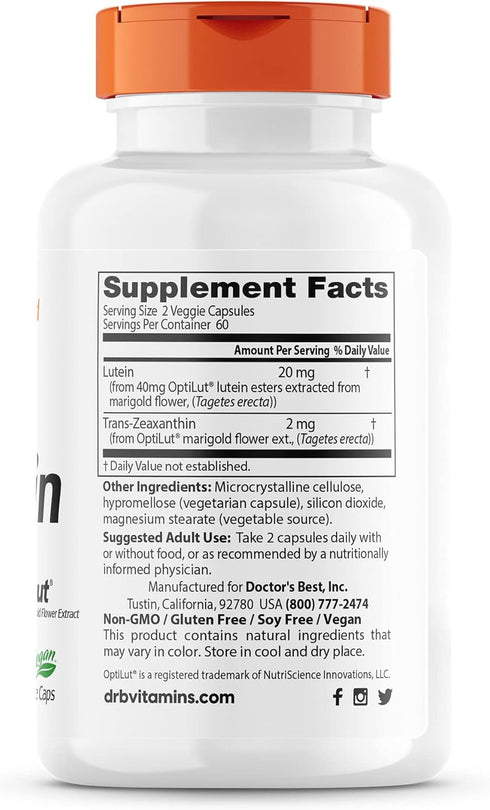 Doctor's Best Lutein with OptiLut Non-GMO, Vegan, Gluten Free, Soy Free, Eye Health, 20 mg, 120 Veggie Caps