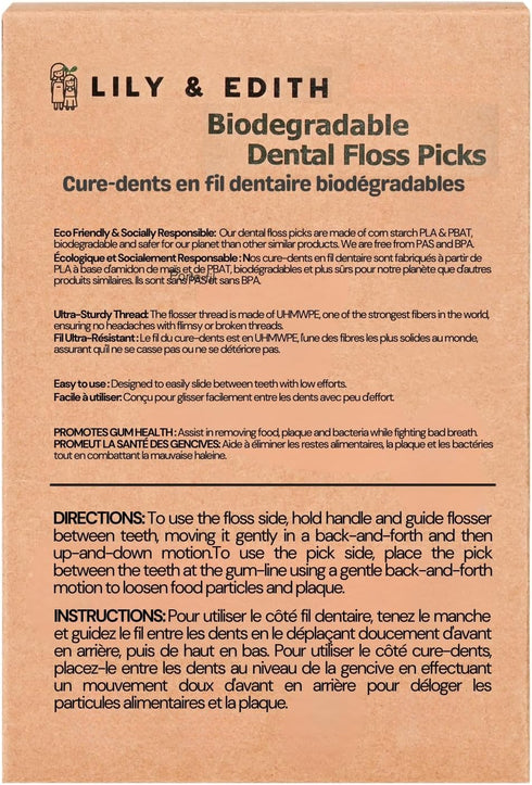 LILY & EDITH Biodegradable Dental Floss Picks - 300 Counts, Fluoride-Free, Plant Based, Zero Waste Package