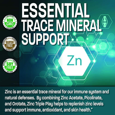 Bronson Zinc Triple Play 30 mg Immune Support Supplement with Zinc Acetate, Picolinate & Orotate - 100 Vegetarian