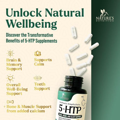 5 HTP Supplement Vegetarian Capsules, 200mg 5HTP Plus Calcium for Brain Support, 120 Capsules