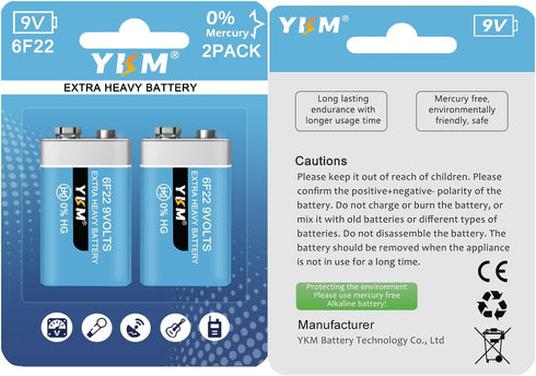 2 Pack 9V Batteries for Smoke Detector, Carbon Zinc 9 Volt Battery