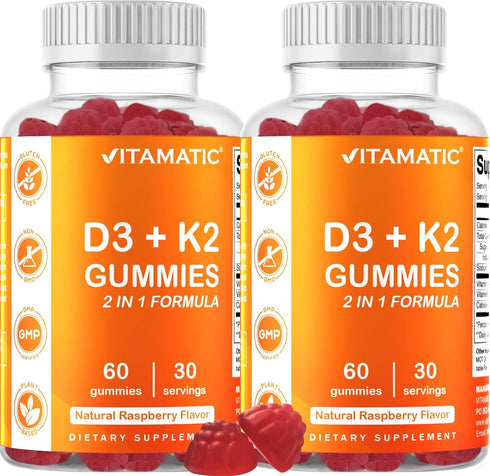 Vitamatic Vitamin D3 K2 Gummies - 2 Pack, 60 Count - Supports Bone, Heart & Immune Health, Plant Based