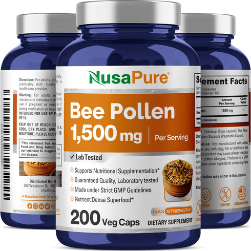 NusaPure Bee Pollen 1500mg, 200 Veggie Caps (100% Vegetarian, Non-GMO, Gluten Free)