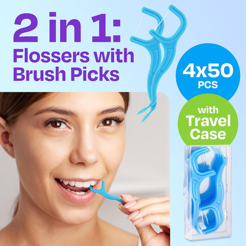Trueocity Dental Flossers - 4 Pack with Travel Case (200 Total Count), Mint Flavored, Easy Grip, Prevents Tooth Decay