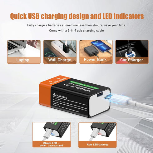 YISHDA 9V 9 6F22 2Pack USB Rechargeable Batteries Lithium Volt Battery for Smoke Detector Square Battery, Long-Lasting
