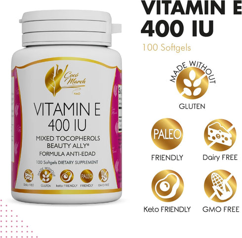 Coco March Natural Vitamin E 400 IU - Mixed Tocopherols, 3 Month Supply - Gluten Free, Dairy Free, 100 Softgels