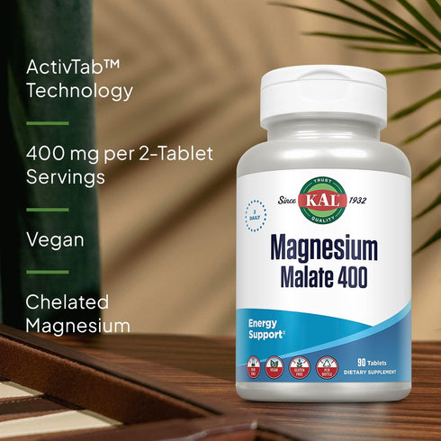 KAL Magnesium Malate 400mg, Chelated Magnesium Supplement, 90 Veg Tabs, Vegan, Non-GMO