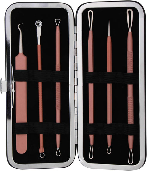 JPNK Blackhead Remover Tool Kit, 6 Pcs Comedones Extractor for Blemish Removal with Leather Bag (Pink)