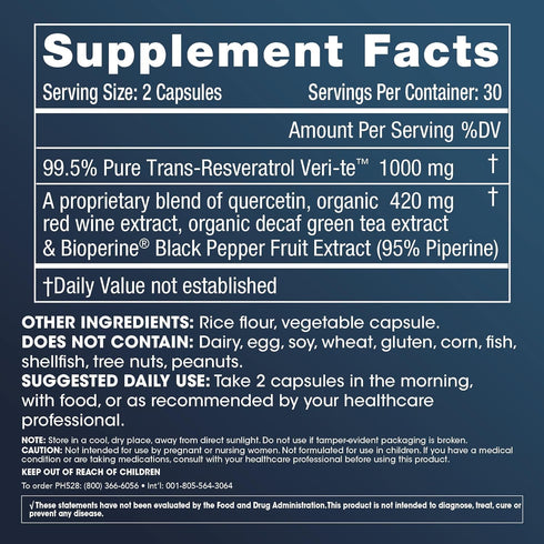 ProHealth Resveratrol 1000mg | Pure Trans-Resveratrol with Quercetin, Red Wine & Green Tea Extract | 60 Capsules