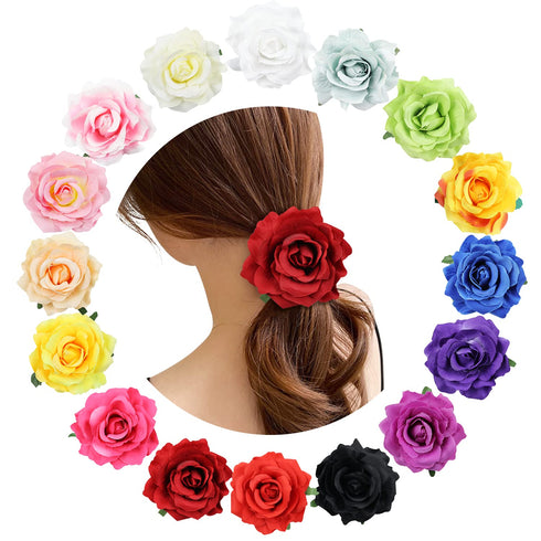 Lawie 16 Pack Colorful Handmade Large Rose Flower Hair Bow Wreath Garland, Elastic Stretchy Hair Ties