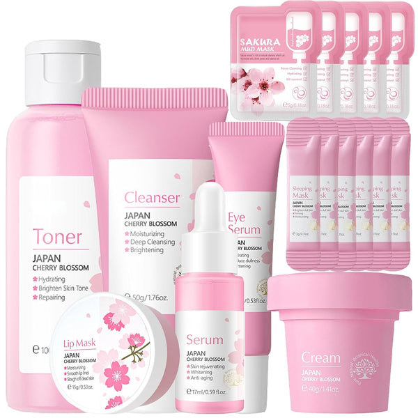 Sakura Face Care Set - 17Pcs Moisturizing Skin Care Routine with Cream, Cleanser, Serum, and Masks
