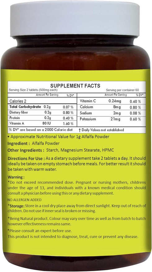 HERBAL HILLS Alfalfa Tablets | 120 Count | Natural Green Superfoods | Source of Vitamin A