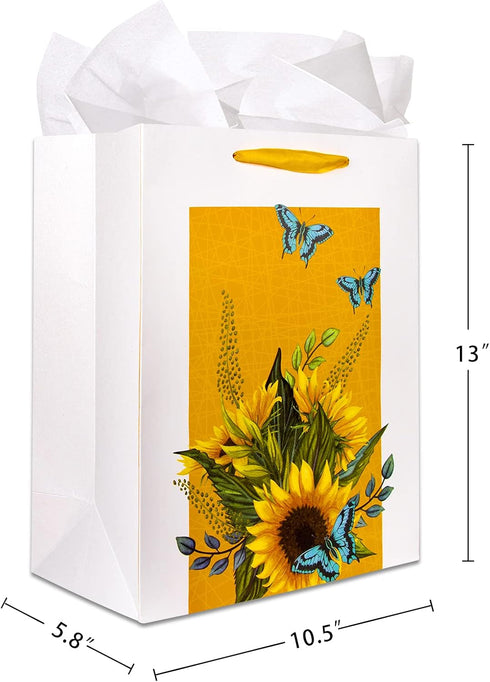 XJF 13" Large Sunflowers Gift Bag - Watercolor Flowers Gift Bag with Tissue Paper Sunflowers Gifts Bags for Birthdays