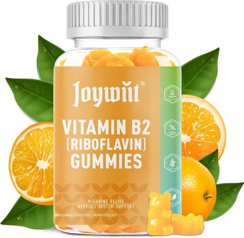 Vitamin B2 Gummies 500mg for Adults, Orange Flavor, Non-GMO, Vegan, Pectin - Migraine Relief & Nervous System Support -