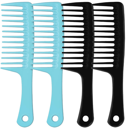 4PCS Wide Tooth Comb, Large Hair Detangling Comb for Curly, Wet, Long Hair, Professional Styling Comb (Black & Blue)