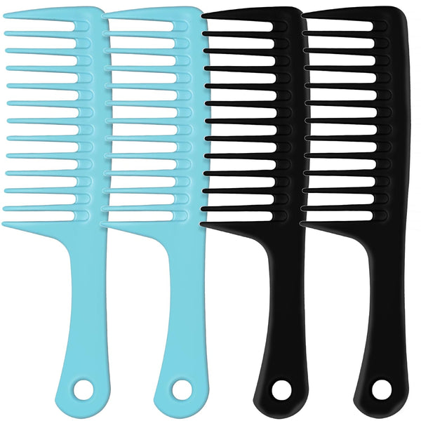 4PCS Wide Tooth Comb, Large Hair Detangling Comb for Curly, Wet, Long Hair, Professional Styling Comb (Black & Blue)