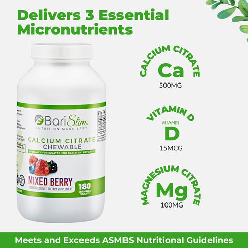 BariSlim Bariatric Calcium Citrate Tabs with Magnesium & Vitamin D - 500 mg Calcium Citrate - Mixed Berry (90 Servings)
