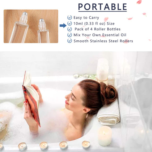 wifreo 4 Pack Square Refillable Thick Glass Roller Bottles, 1/3oz 10ml Perfume Essential Oil