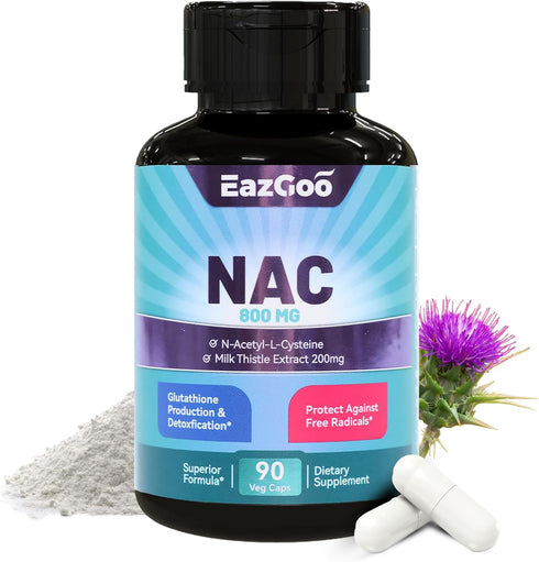 NAC Supplement, N-Acetyl Cysteine Capsules 800mg with Milk Thistle 200mg, 90 Count, Vegan, GMOs-Free