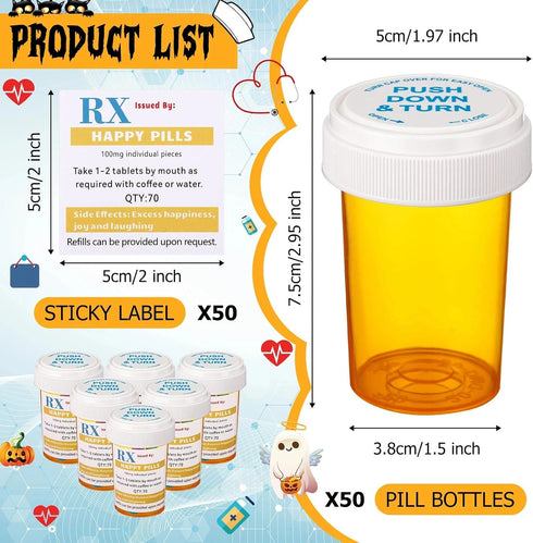 RimCereal 50 Set 50 50 Serve(20 Nursing Graduation Party Supplies Empty Pill Bottles with Caps Plastic Medicine