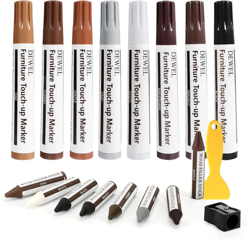 DEWEL Furniture Markers Touch Up, 17 Pcs Wood Scratch Repair Kit for Stains, Scratches on Wood Floors and Furniture