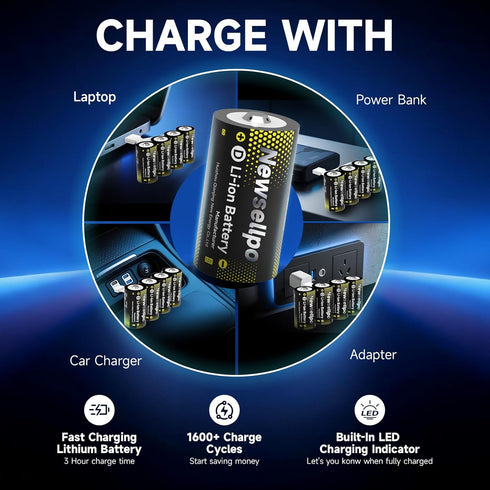 Newsellpo 4 Pack, 8000mWh 1.5V LR20 4 1 Rechargeable Lithium D Batteries D Cell Battery with in USB-C Charging Cable