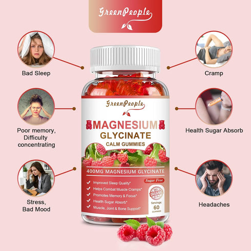 Magnesium Glycinate Gummies 400mg, Sugar Free Magnesium Potassium Supplement with Vitamin D, B6 & CoQ10 for Calm